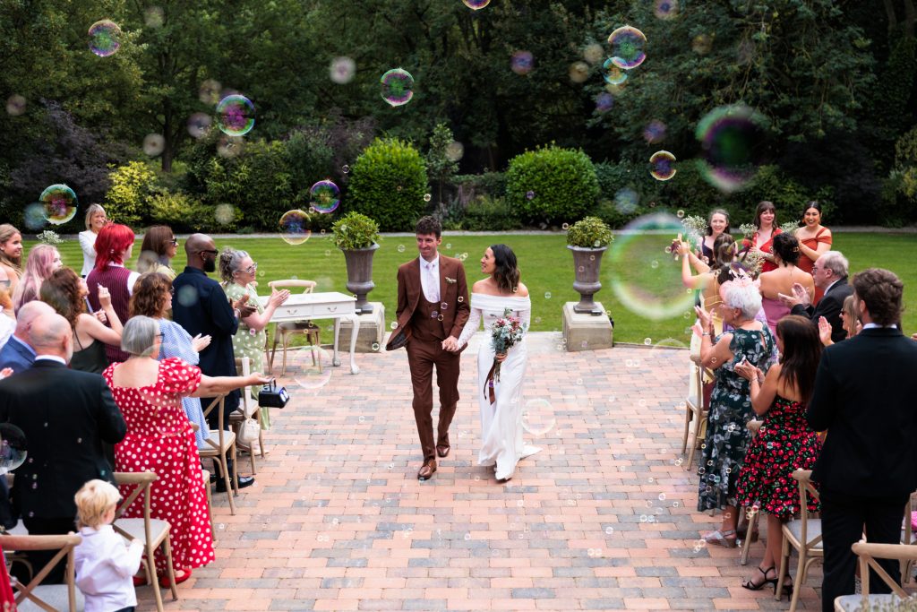Bubble Confetti walk after outdoor wedding at The Woodlands Hotel, Leeds